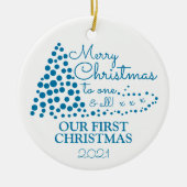 Blauwe kerstboom, onze eerste kerstkerst keramisch ornament (Voorkant)