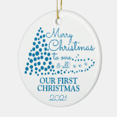 Blauwe kerstboom, onze eerste kerstkerst keramisch ornament (Links)