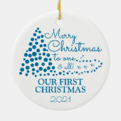 Blauwe kerstboom, onze eerste kerstkerst keramisch ornament (Achterkant)