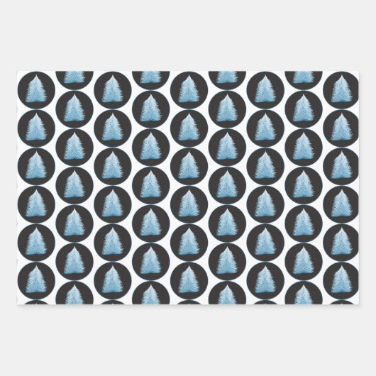 Blauwe kerstboom op zwart en blauw inpakpapier vel (Voorkant)