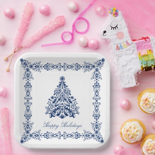 Blauwe kerstboom Uw achtergrond en tekst Papieren Bordje (Feest)