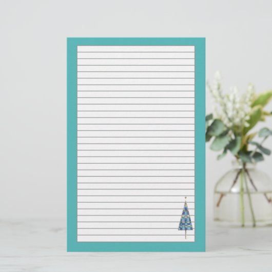 Blauwe kerstboom vakantie grijs gevoerd briefpapier (Staand voorkant)