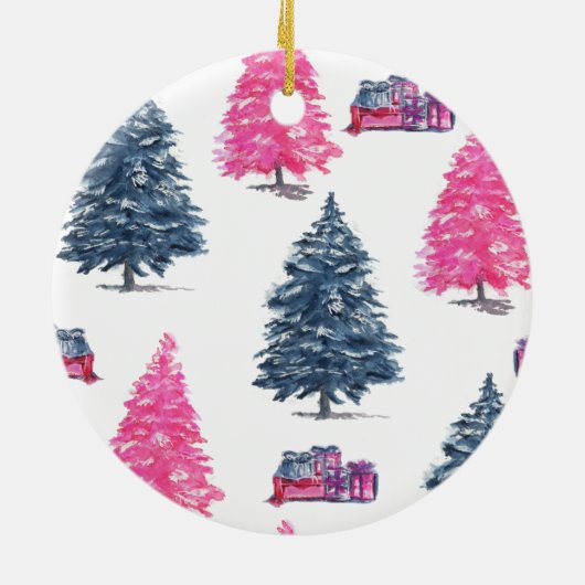 Blauwe kerstboom - Waterverf roze en blauw Keramisch Ornament (Achterkant)