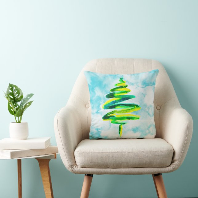 Blauwe kerstboom waterverf Sierkussen (Stoel)