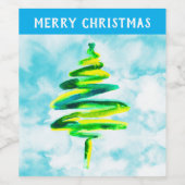 Blauwe kerstboom waterverf Wijnlabel Wijn Etiket (Enkel label)