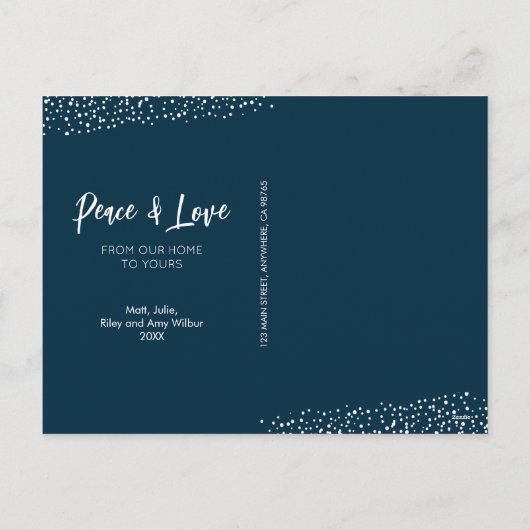 Blauwe kerstboomplatte feestdagenkaart (Achterkant)