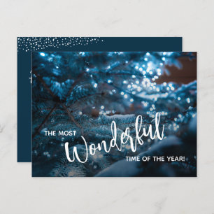 Blauwe kerstboomplatte feestdagenkaart