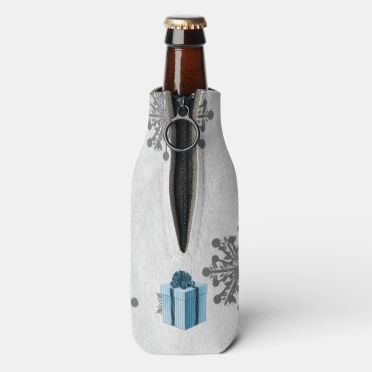 Blauwe kerstcadeaufles flesjeskoeler (Fles Achterkant)