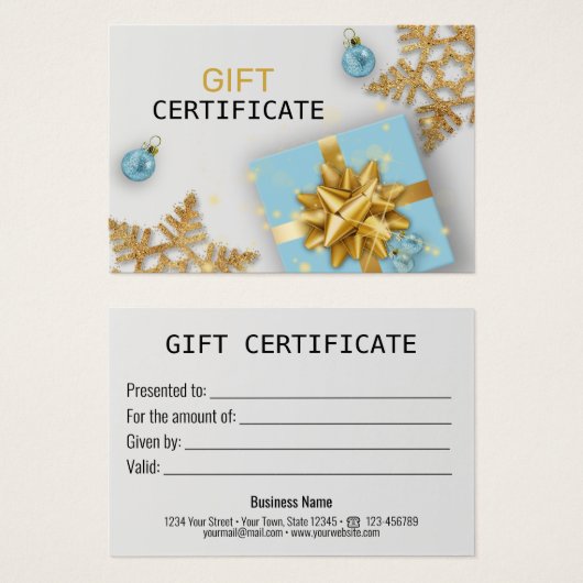 Blauwe kerstcadeaukaart Gold Snowflakes Visitekaartje (Voorkant /achterkant)
