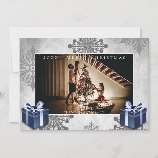 Blauwe Kerstcadeaus en sneeuwvlokken Fotokaart Feestdagenkaart (Voorkant)