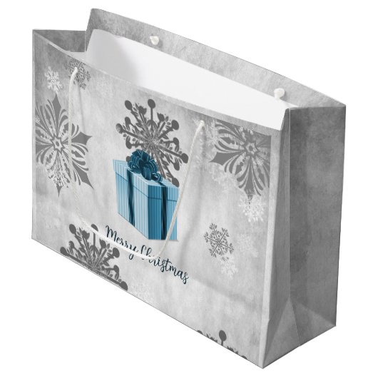 Blauwe kerstcadeautas voor feestdagen groot cadeauzakje (Voorkant Gekanteld)