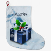 Blauwe kerstcadeautjes stoppen grote kerstsok (Voorkant)