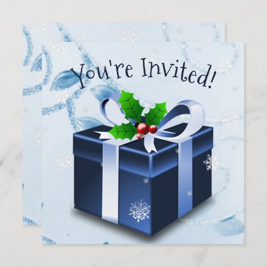 Blauwe kerstcadeauuitnodiging kaart (Voorkant / Achterkant)