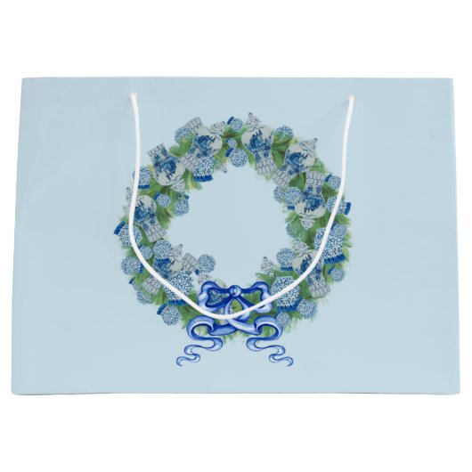Blauwe kerstChinoiserie Wreath Groot Cadeauzakje (Voorkant)