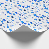 Blauwe kerstdecoratie-ornamenten met tekst cadeaupapier (Hoek)