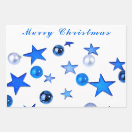 Blauwe kerstdecoratie-ornamenten met tekst inpakpapier vel