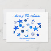 Blauwe kerstdecoratie-ornamenten met tekstkaart (Voorkant)