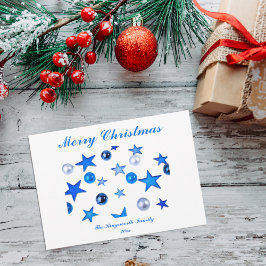 Blauwe kerstdecoratie-ornamenten met tekstkaart