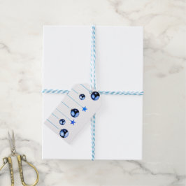 Blauwe kerstdecortballen met tekst cadeaulabel