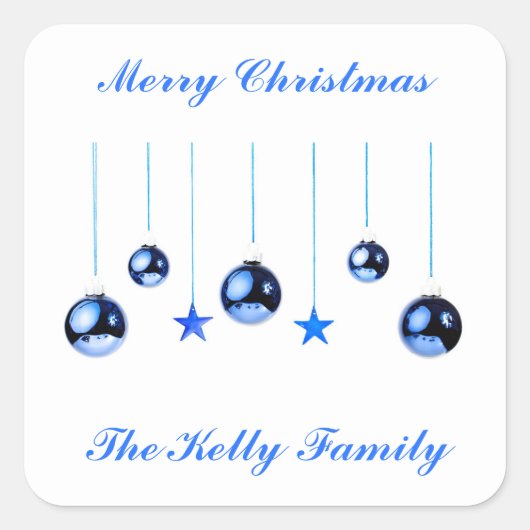 Blauwe kerstdecortballen met tekst vierkante sticker (Voorkant)