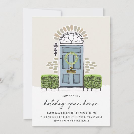 Blauwe kerstdeur | Holiday Open House Kaart (Voorkant)