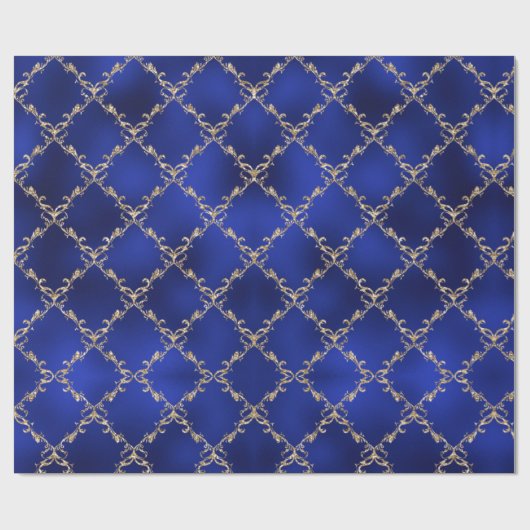Blauwe kerstfeestdag Gold Glitter Damask Gift Cadeaupapier (Vlak)