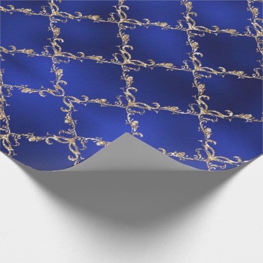 Blauwe kerstfeestdag Gold Glitter Damask Gift Cadeaupapier (Hoek)