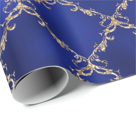 Blauwe kerstfeestdag Gold Glitter Damask Gift Cadeaupapier (Rol Hoek)