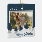 Blauwe Kerstfoto Gepersonaliseerde Kerstmis Keramisch Ornament (Rechts)