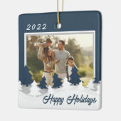 Blauwe Kerstfoto Gepersonaliseerde Kerstmis Keramisch Ornament (Links)