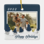 Blauwe Kerstfoto Gepersonaliseerde Kerstmis Keramisch Ornament (Voorkant)