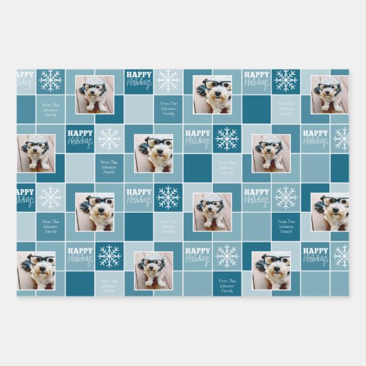 Blauwe kerstfoto met wieltjes inpakpapier vel (Voorkant)