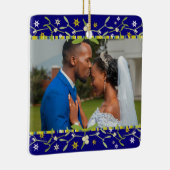 Blauwe kerstfoto-versiering keramisch ornament (Rechts)