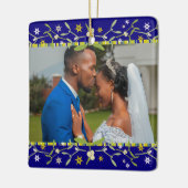 Blauwe kerstfoto-versiering keramisch ornament (Links)