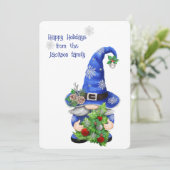 Blauwe kerstgnoom feestdagenkaart (Staand voorkant)