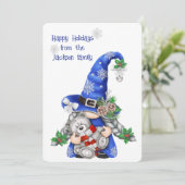 Blauwe kerstgnoom feestdagenkaart (Staand voorkant)