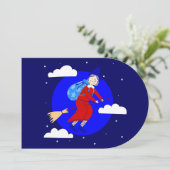 Blauwe Kerstheks Befana Broomrider Spookmas Kaart (Staand voorkant)