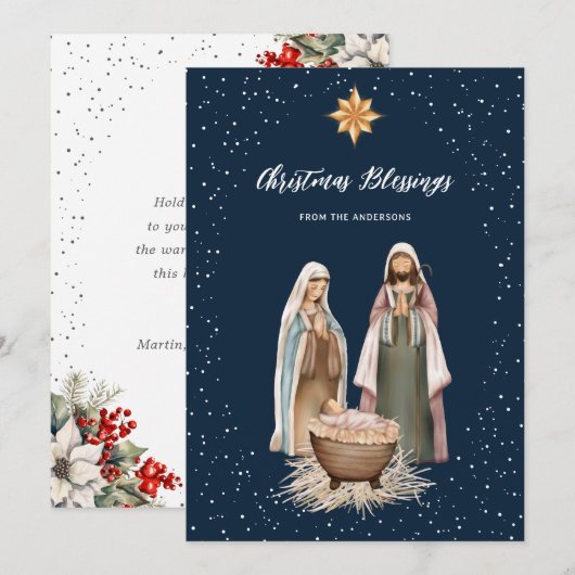 Blauwe kerstkaart met kerststal Botanische christe (Voorkant / Achterkant)