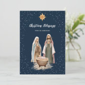 Blauwe kerstkaart met kerststal Botanische christe (Staand voorkant)