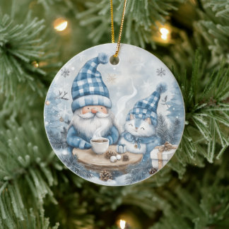 Blauwe Kerstkabouter Keramisch Ornament