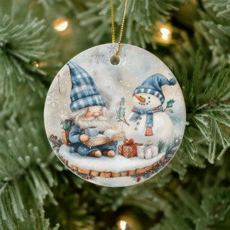 Blauwe Kerstkabouter Keramisch Ornament