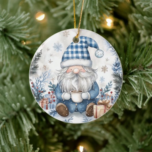 Blauwe Kerstkabouter Keramisch Ornament (Boom)
