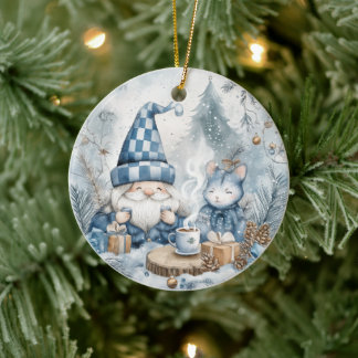 Blauwe Kerstkabouter Keramisch Ornament