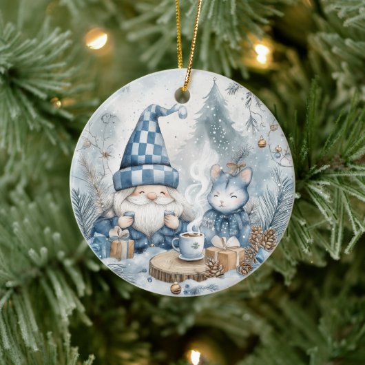Blauwe Kerstkabouter Keramisch Ornament (Boom)
