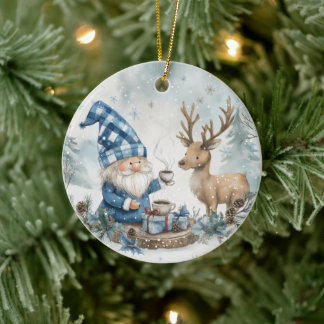 Blauwe Kerstkabouter Keramisch Ornament