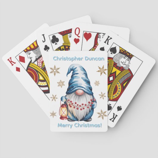 Blauwe Kerstkabouter met Rode Lantaarn Bessen Pokerkaarten (Achterkant)