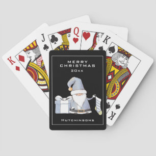 Blauwe kerstkoepel met stoppen en cadeautjes pokerkaarten