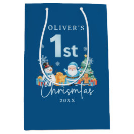 Blauwe Kerstman 1e Kerstmis met Sneeuwman, Boom en Medium Cadeauzakje