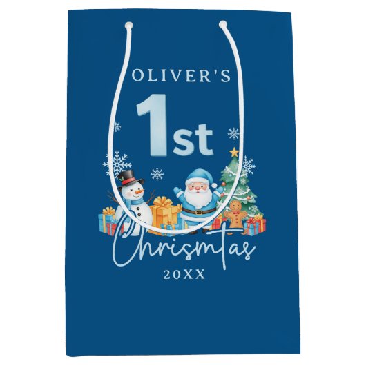 Blauwe Kerstman 1e Kerstmis met Sneeuwman, Boom en Medium Cadeauzakje (Voorkant)