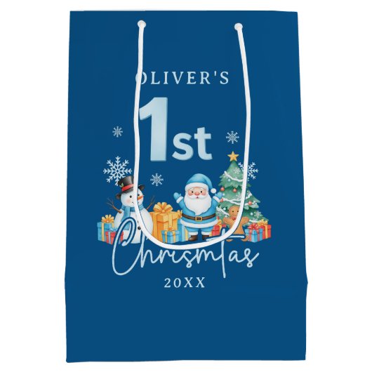 Blauwe Kerstman 1e Kerstmis met Sneeuwman, Boom en Medium Cadeauzakje (Achterkant)